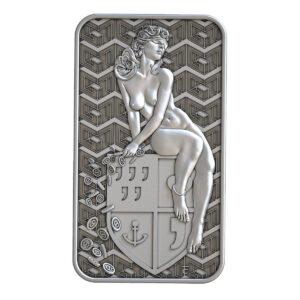 Front of the 2025 LGM Fors Fortuna 1 oz Silver Bar featuring an engraved seated goddess figure above a shield with symbols including “999” and an anchor, set against a patterned background.