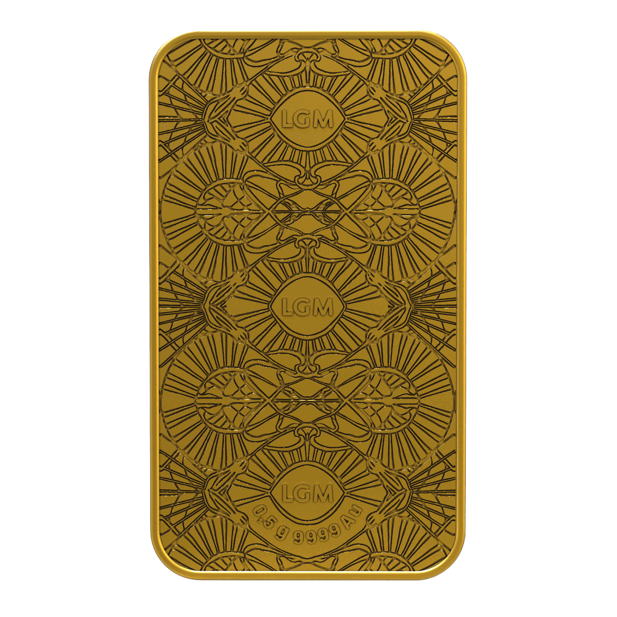 LGM gold collectible bar featuring intricate geometric patterns and Serpent motif, stamped with 9999 purity and weight.