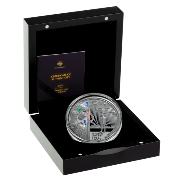 2025 Liberia Great Gatsby 100 Ann. 2 oz Silver Shaped Coin w/Crystal Inserts - Image 4