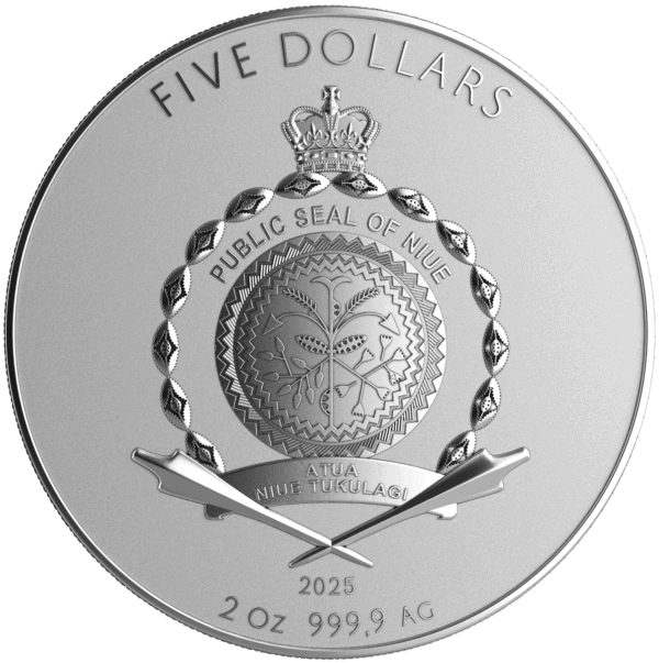 Reverse of the 2025 Niue Phoenix and Dragon 2 oz Silver Coin featuring the Public Seal of Niue with a crown above and laurel branches below, alongside inscriptions denoting weight, purity, year, and face value, on a proof-like surface.