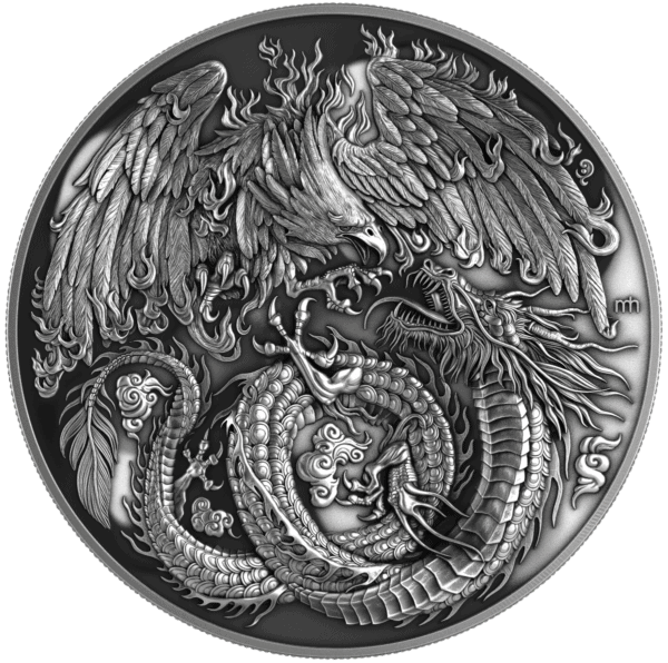 Obverse of the 2025 Niue Phoenix and Dragon 2 oz Silver Coin featuring an ultra high-relief design with a phoenix and dragon in dynamic opposition, intertwined in clouds and flames, set on a shaped, polished surface.