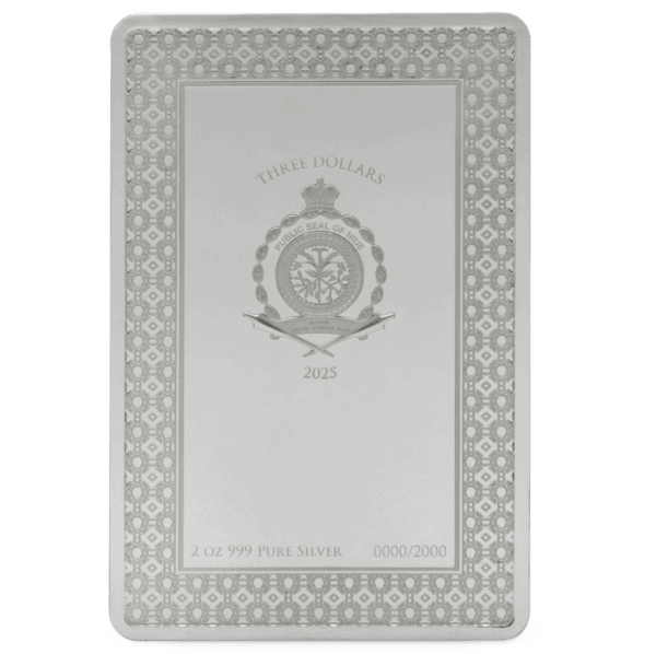 Silver collectible coin featuring the coat of arms of Niue, inscribed with "Three Dollars" and "2025" on a decorative border.
