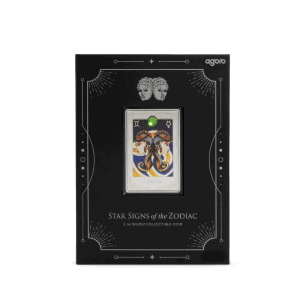 Gemini zodiac star sign collectible silver coin, 2 oz, with colorful artistic design of two women facing opposite directions, zodiac symbols, and celestial motifs on packaging.