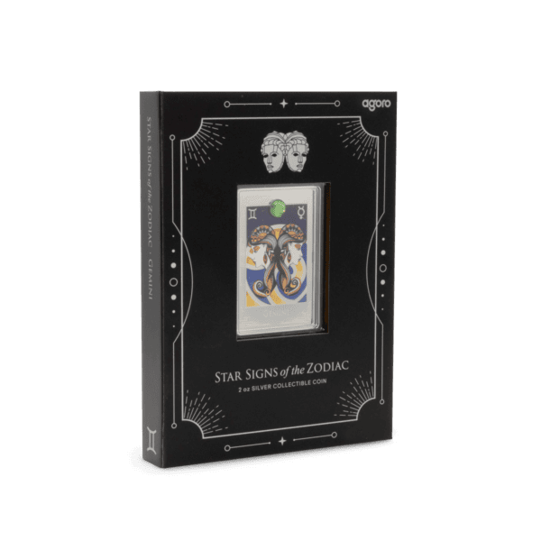 Vintage Gemini zodiac sign silver collectible coin, 2 oz, in decorative packaging featuring astrological motifs and Gemini twins artwork.