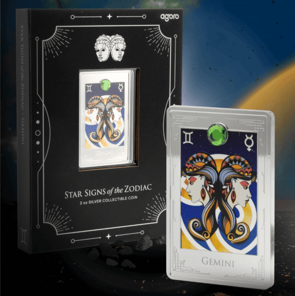 Star Signs of the Zodiac Gemini collectible silver coin with detailed Gemini illustration, green gemstone embellishment, and zodiac symbols, in an elegant packaging.