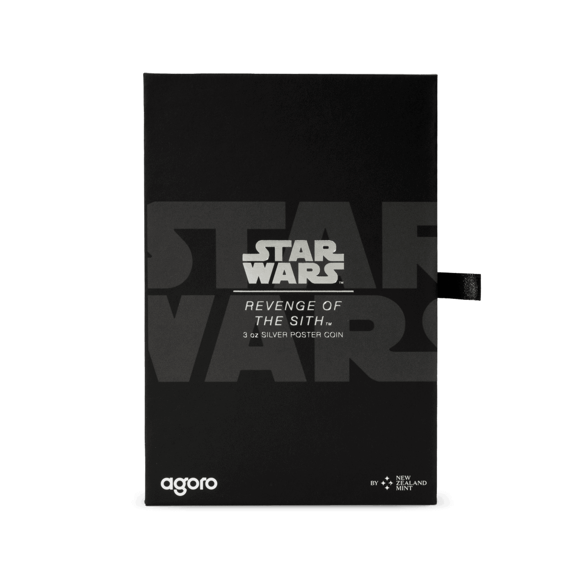 Star Wars Revenge of the Sith silver poster coin, 3 oz, collectible from New Zealand Mint, featuring iconic movie branding on black packaging.