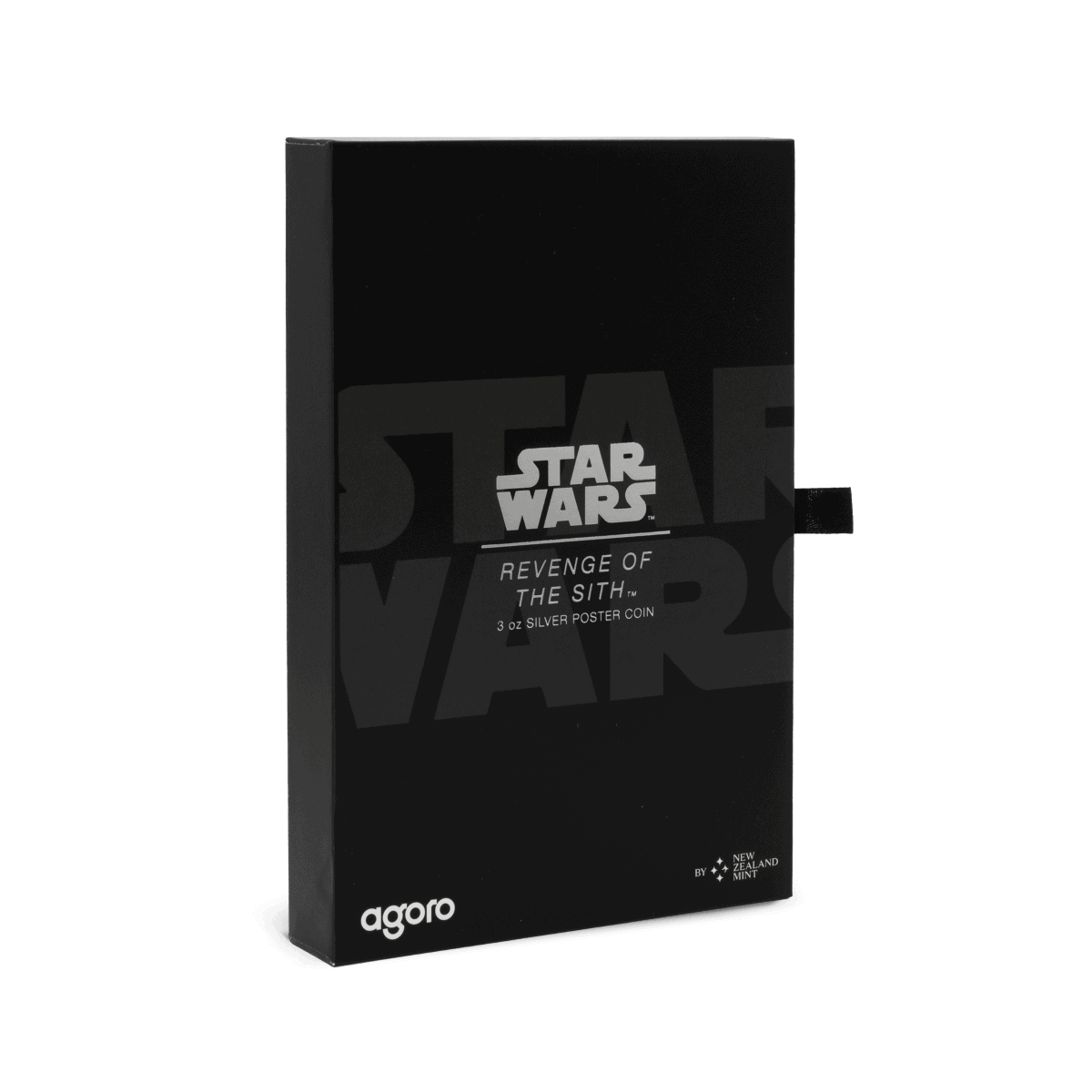 Star Wars Revenge of the Sith 3 oz silver poster coin, black packaging with silver text, produced by New Zealand Mint, celebrating Star Wars with detailed design.