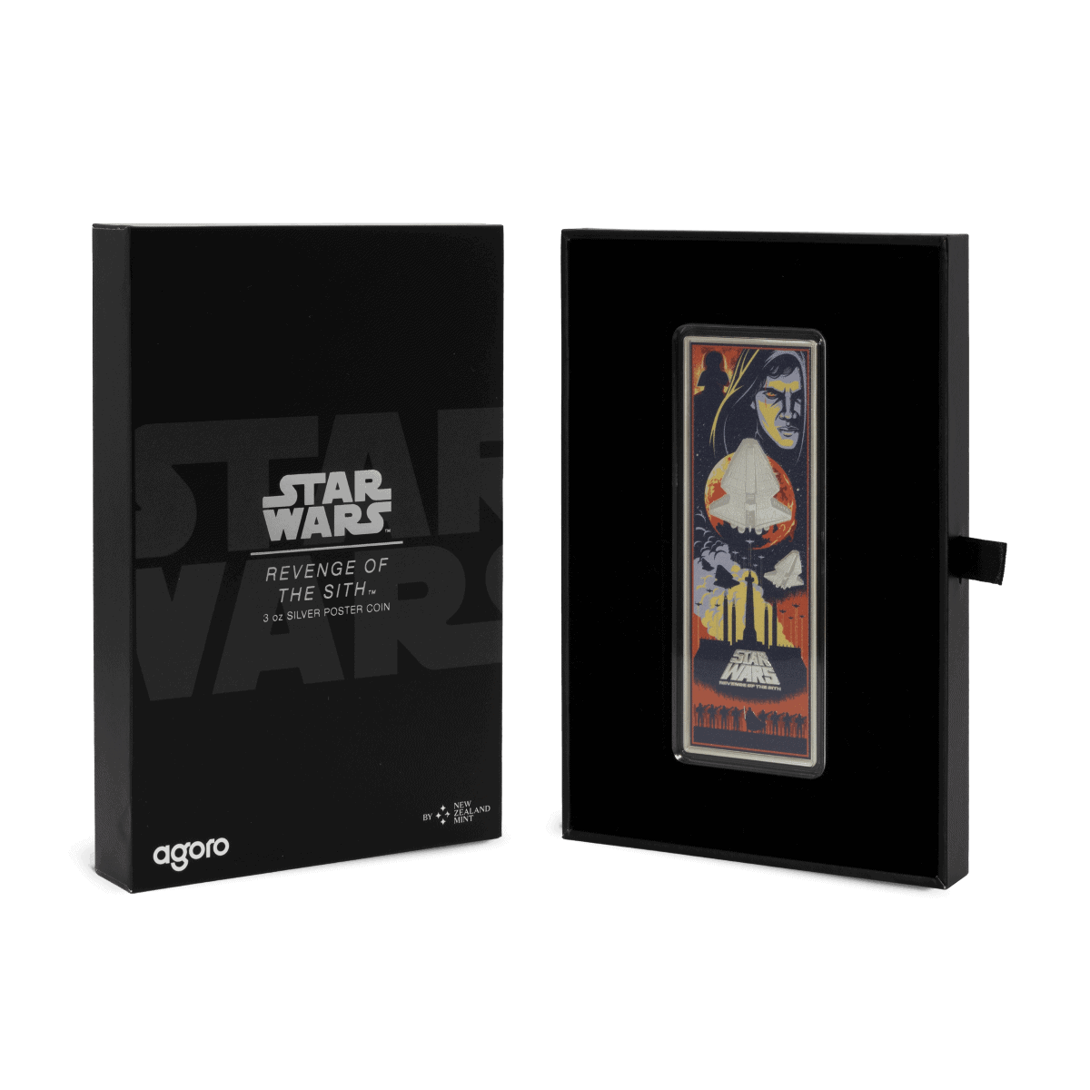 Star Wars Revenge of the Sith silver collectible poster coin, featuring Darth Vader and iconic scenes from the movie. Perfect for Star Wars fans and collectors, this 3 oz silver coin is a unique memorabilia piece.