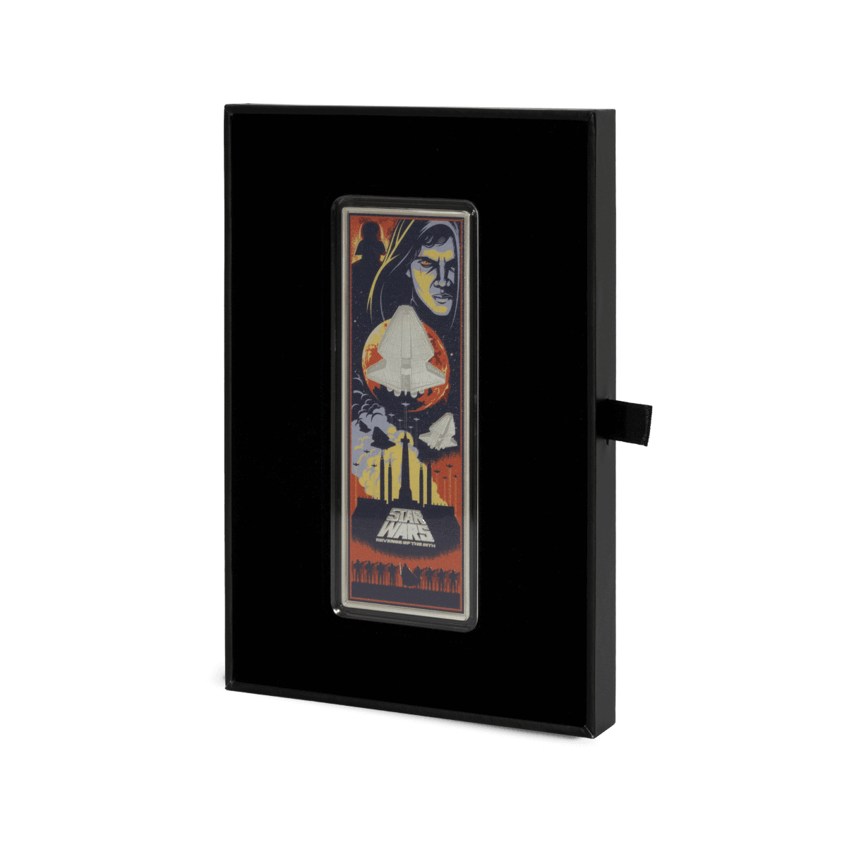Star Wars themed collectible coin featuring Darth Vader, a spaceship, and a dark industrial background, encased in a sleek display box for fans and collectors.