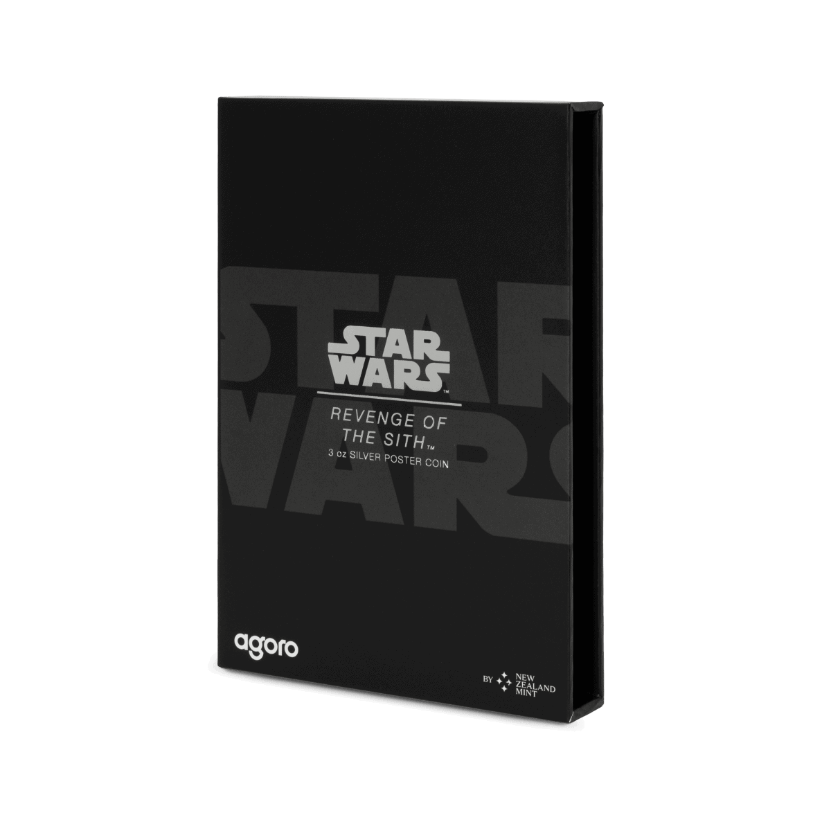 Star Wars Revenge of the Sith silver poster coin packaging, 3 oz silver, limited edition collectible from New Zealand Mint.