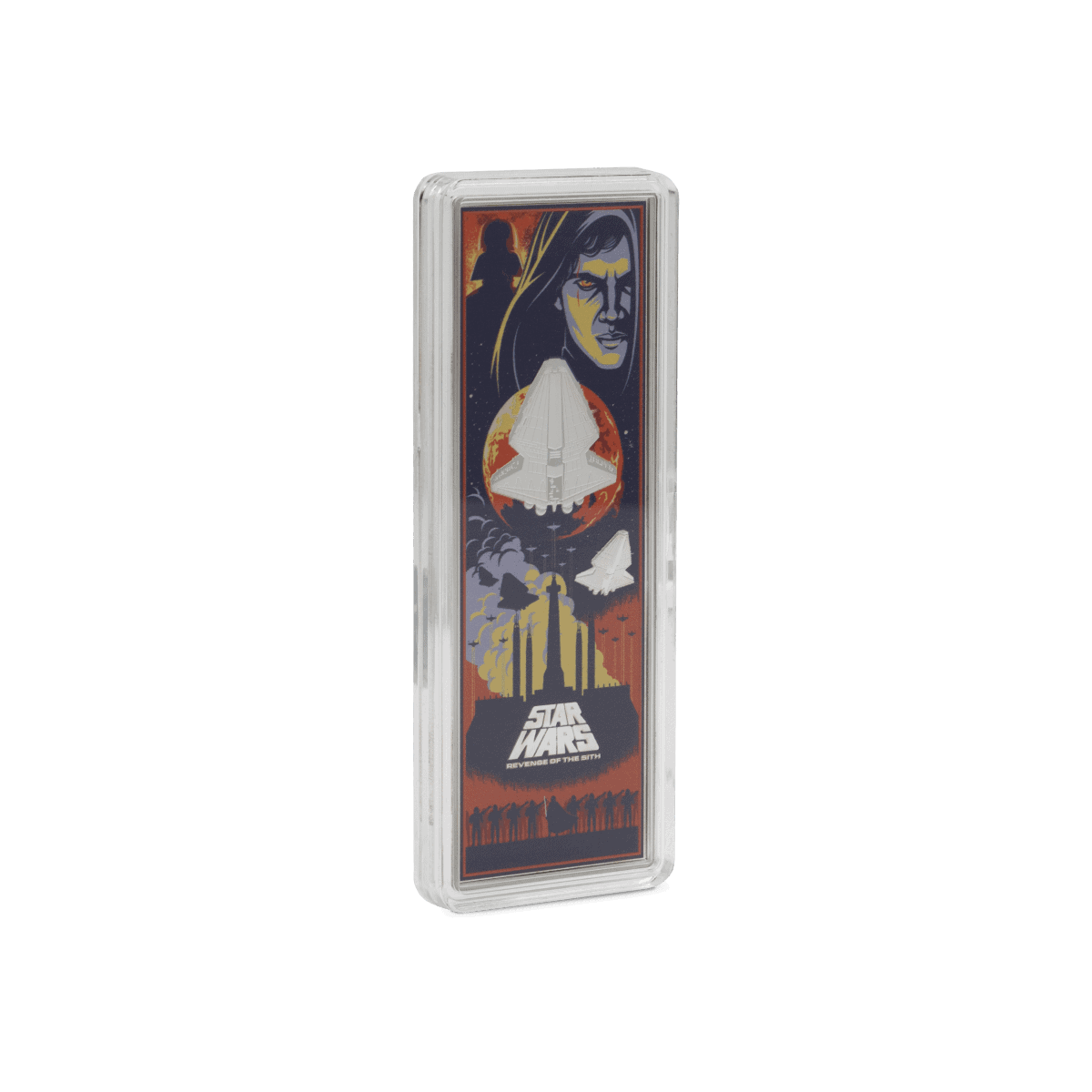 Star Wars Revenge of the Sith collectible coin in a protective case, featuring Darth Vader, space battles, and iconic scenes from the film, with a colorful, vintage art style.