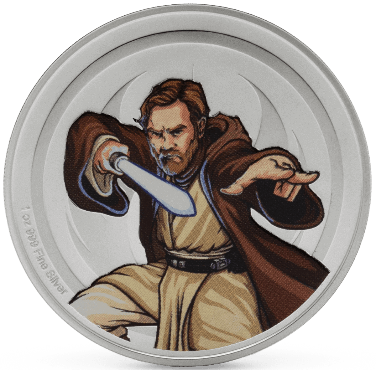 Austere Jedi Knight illustration from Star Wars collectible coin, 2023, silver, detailed artwork, action pose with lightsaber, iconic character design, 1 oz fine silver, limited edition.