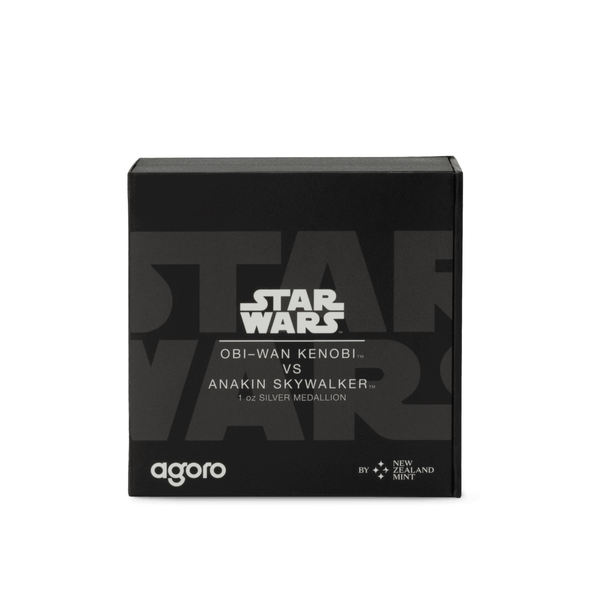 Star Wars Obi-Wan Kenobi vs Anakin Skywalker silver medallion box, collectible coin packaging featuring Galactic characters from the Star Wars franchise.