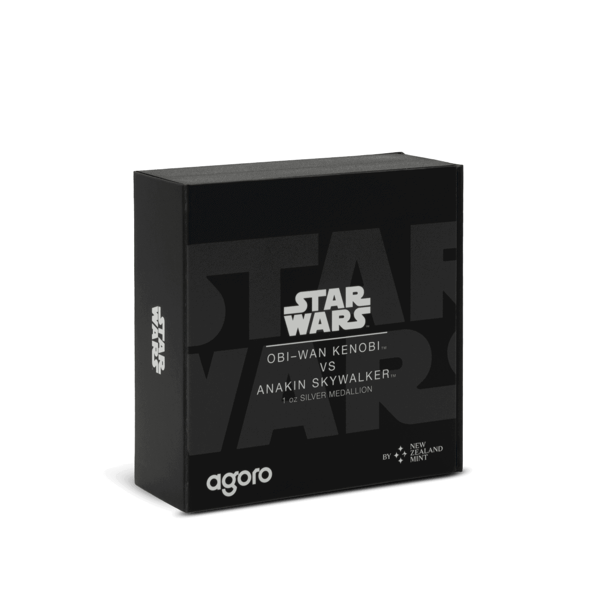 Obi-Wan Kenobi vs Anakin Skywalker Star Wars 1 oz silver medallion in black box, collectible coin from New Zealand Mint.