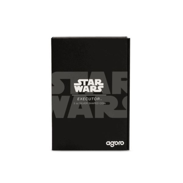 Star Wars Executor silver coin packaging, 3 oz, black and white design with Star Wars logo.
