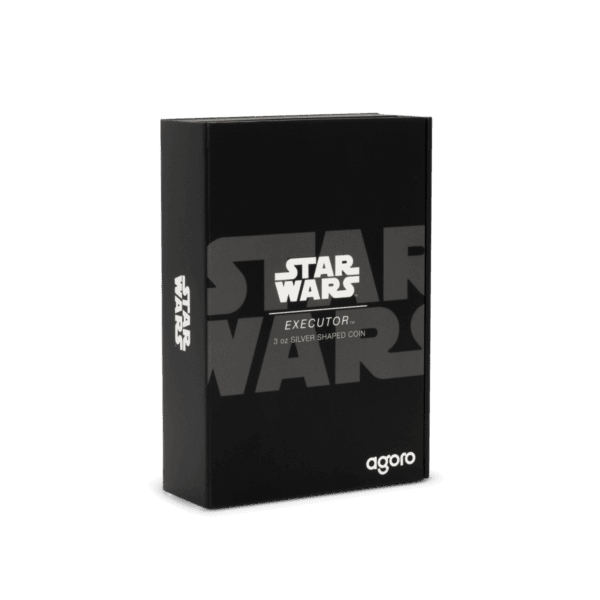 3. Star Wars Executor silver coin in black packaging, 3 oz .999 silver collectible item.