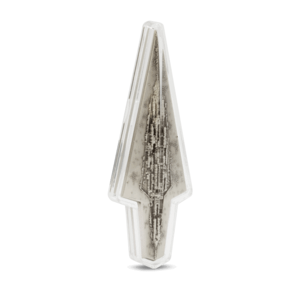 Precious metal arrow-shaped collectible coin, showcasing intricate design details and a reflective surface, ideal for numismatic collectors and enthusiasts.