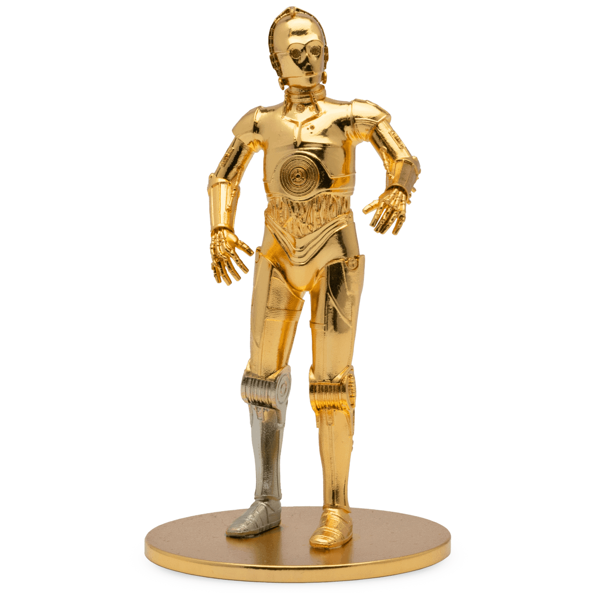 Gold robotic humanoid figure collectible coin, 2023, decorative art piece, sleek design with detailed mechanical features, perfect for sci-fi enthusiasts and collectors of unique memorabilia.