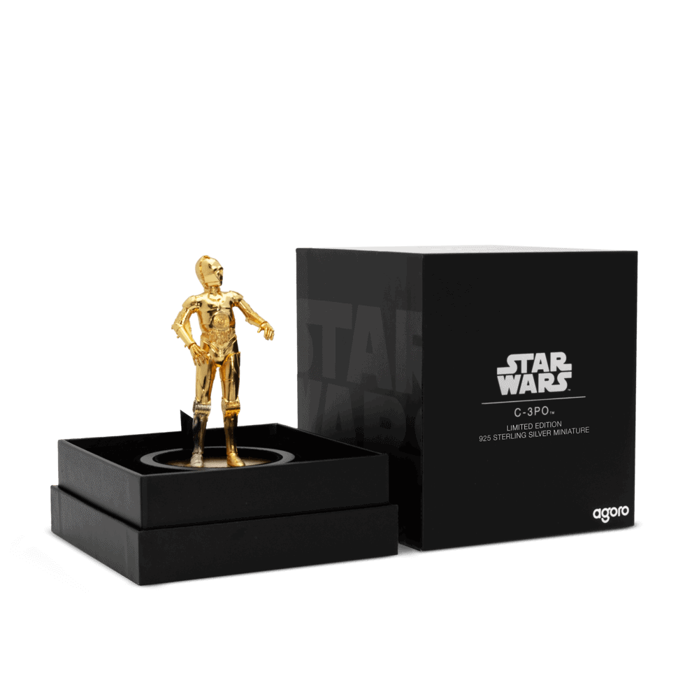 Star Wars C-3PO sterling silver miniature collectible coin with gold-tone finish, boxed in black packaging.