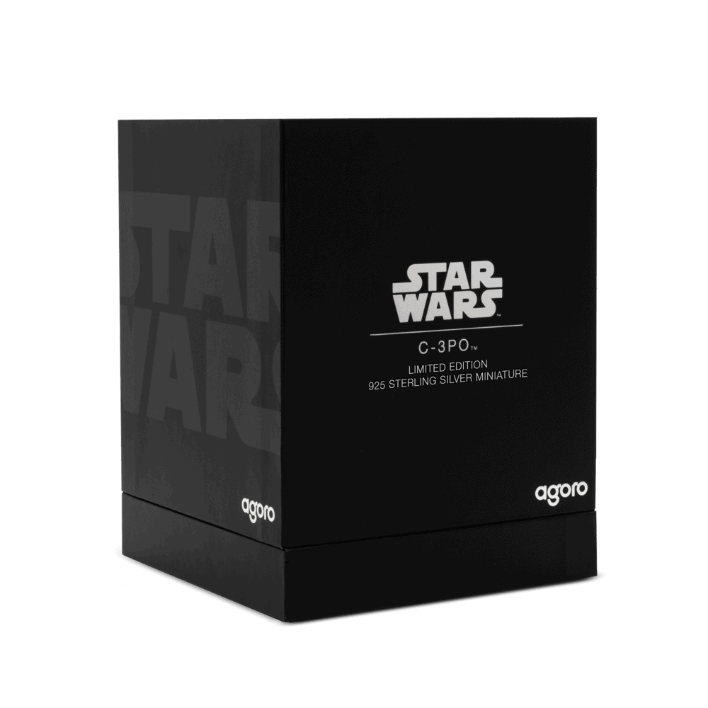 925 Sterling Silver Limited Edition Star Wars C-3PO Miniature Coin, black box packaging with white logo and text, collectible item from agoro.