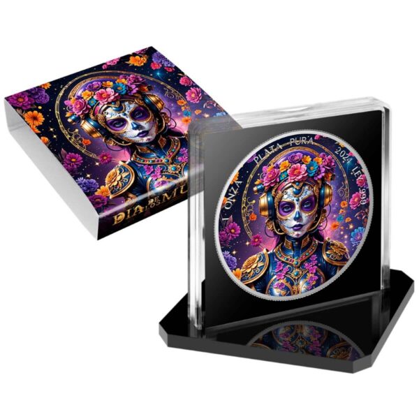 Packaging of the 2024 Mexico Libertad Dia De Los Muertos Steampunk 1 oz Silver Colorized Coin