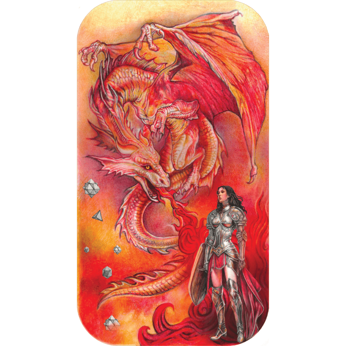 Obverse of the 2025 LGM Mood: Anger 1 oz Silver Bar featuring a red dragon with wings unfurled and fangs bared confronting a flame-wreathed knight in armor, set against a fiery red-orange backdrop with swirling sparks and smoke.