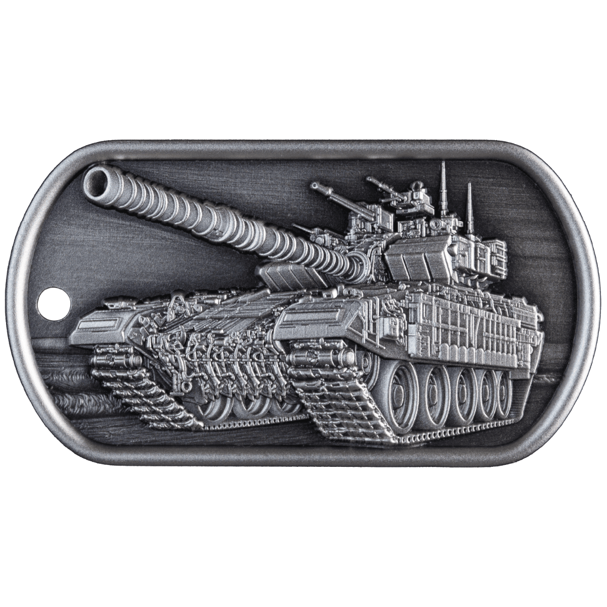 Metal collectible military tank pin, gray finish, detailed design, commemorative item for collectors.