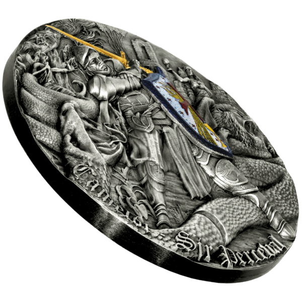 Side of the 2023 Niue Camelot Sir Perceval 2 oz Silver Antiqued High Relief Coin