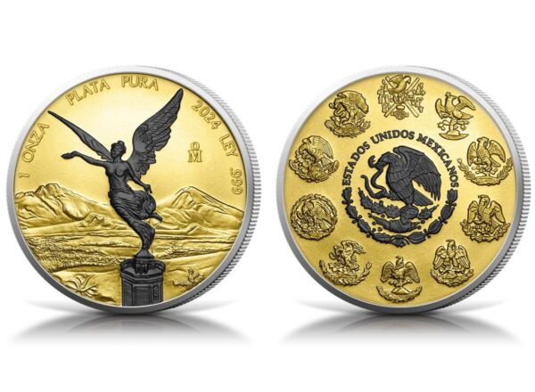 Front and back of the 2024 Mexico Libertad Black Platinum and Gold 1 oz Silver Coin.