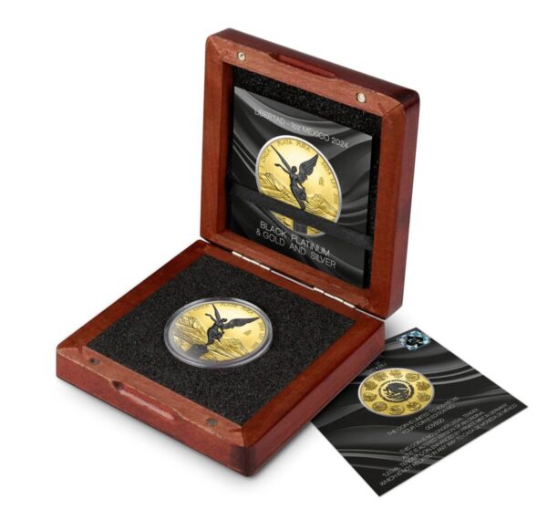Open box for the 2024 Mexico Libertad Black Platinum and Gold 1 oz Silver Coin.