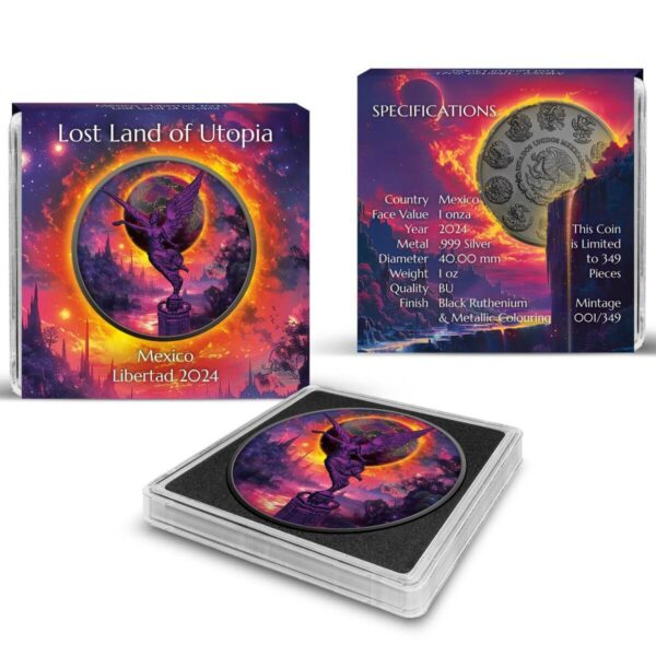 Packaging for the 2024 Mexico Libertad Lost Land of Utopia 1 oz Silver Colorized Coin