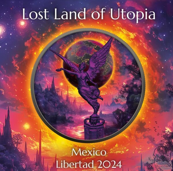 Front of the Packaging for the 2024 Mexico Libertad Lost Land of Utopia 1 oz Silver Colorized Coin