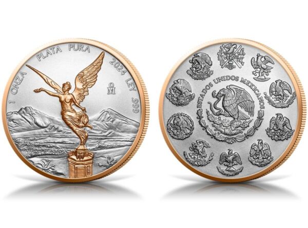 Front and back of the 2024 Mexico Libertad Red Gold Series 1 oz Silver Coin.