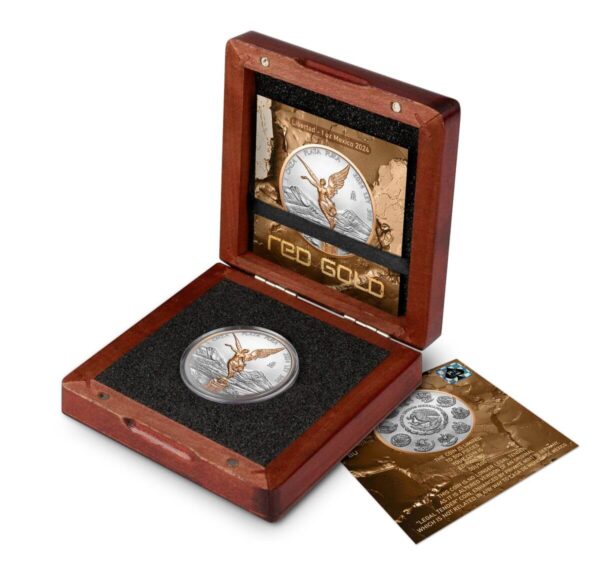 Open box of the 2024 Mexico Libertad Red Gold Series 1 oz Silver Coin.