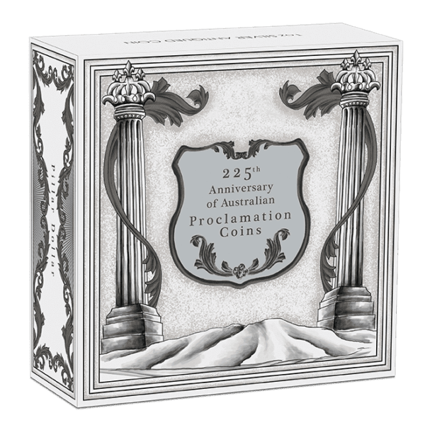 Box the 2025 Australia 225th Ann. Australian Proclamation Pillar Dollar 1 oz Silver Antiqued Coin