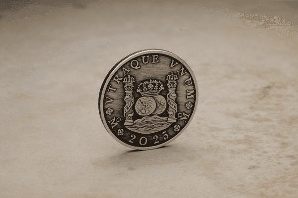 Left Side view of the 2025 Australia 225th Ann. Australian Proclamation Pillar Dollar 1 oz Silver Antiqued Coin