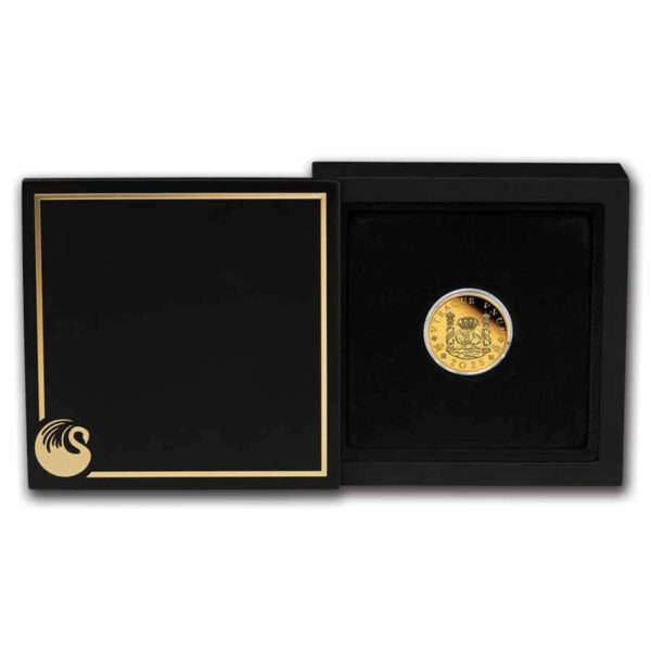 The open box of 2025 Australia 225th Ann. Proclamation Pillar Dollar 1/4 oz Gold Proof Coin