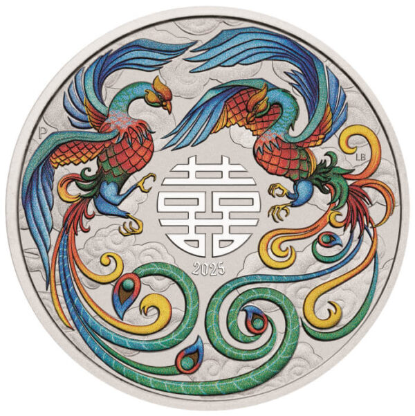 Front of the 2025 Australia Chinese Myths and Legends Double Phoenix 1 oz Silver Vivid Coin