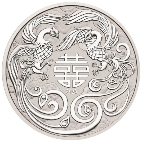 Front of 2025 Australia Chinese Myths and Legends Double Phoenix 1 oz Silver BU Coin