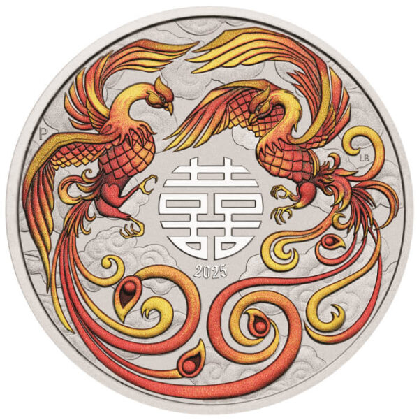 Front of the 2025 Australia Chinese Myths and Legends Double Phoenix 1 oz Silver Red Coin