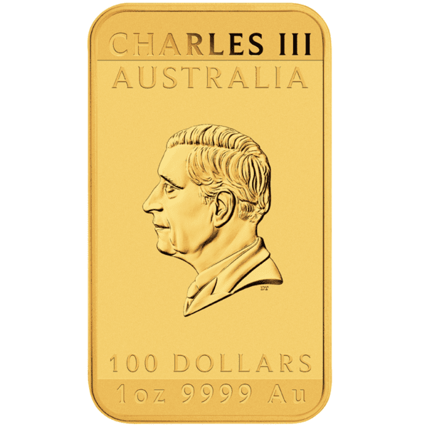 Reverse of the 2025 Australia Dragon 1 oz Gold Rectangular Coin featuring a detailed Chinese dragon with open claws and scaled body, along with the year '2025' and Perth Mint's 'P' mintmark
