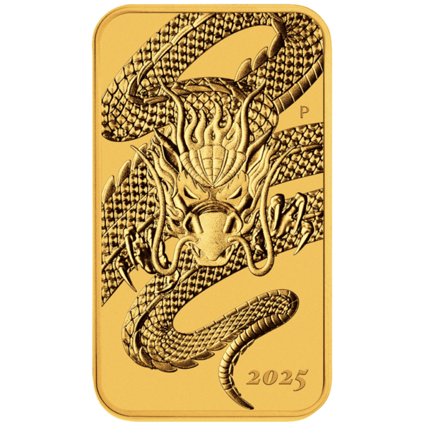Obverse of the 2025 Australia Dragon 1 oz Gold Rectangular Coin featuring the effigy of King Charles III, with inscriptions denoting weight, purity, and denomination.