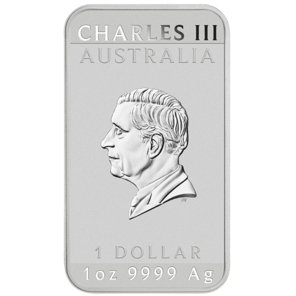 Back view of 2025 Australia Dragon 1 oz .9999 silver rectangular coin featuring King Charles III effigy and coin specifications