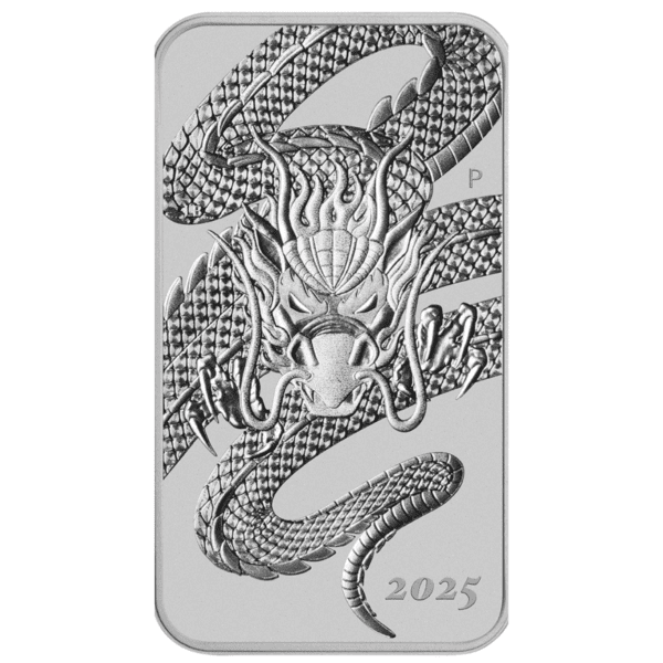 Front view of 2025 Australia Dragon 1 oz .9999 silver rectangular coin featuring oriental dragon and flaming pearl