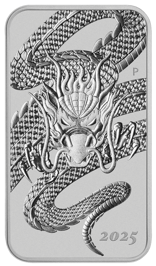 Zoomed-in view of the 2025 Australia Dragon 1 oz Silver Rectangular Coin featuring an intricately detailed oriental dragon with open claws and scaled wings, minted in .9999 fine silver by The Perth Mint