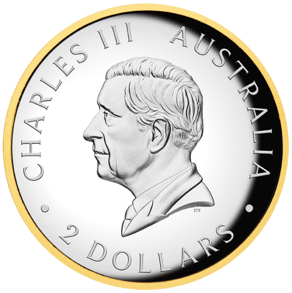 Back of the 2025 Australia Kookaburra 2 oz Silver High Relief Gilded Proof Coin