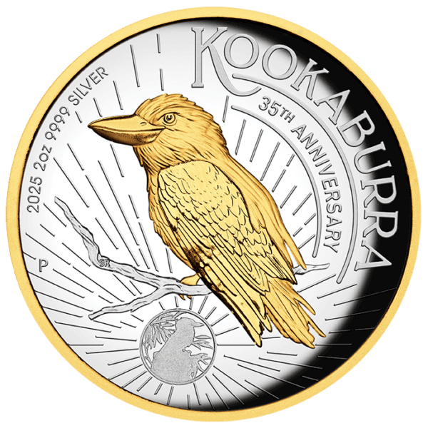 Front of the 2025 Australia Kookaburra 2 oz Silver High Relief Gilded Proof Coin
