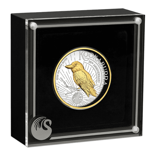 Display case for the 2025 Australia Kookaburra 2 oz Silver High Relief Gilded Proof Coin