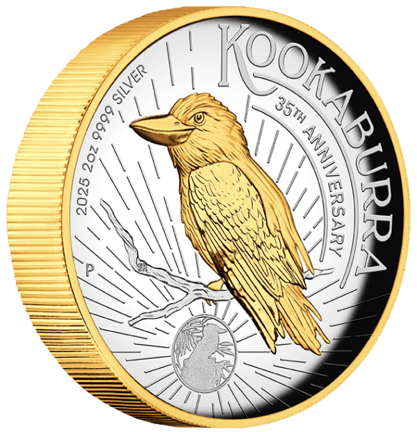 Side of the 2025 Australia Kookaburra 2 oz Silver High Relief Gilded Proof Coin