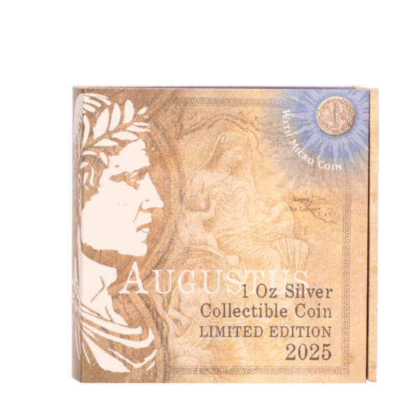 Front of the Box for the 2025 Cameroon Masters of Empires Augustus 1 oz Silver Antiqued Coin